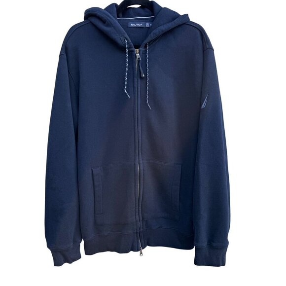 Nautica Vintage Mens Navy Full-Zip Fleece Embroidered Logo Hoodie Sweatshirt XL - Picture 1 of 12